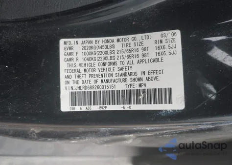 2006 Honda Cr-V Ex from USA, damaged, VIN JHLRD68826C015151